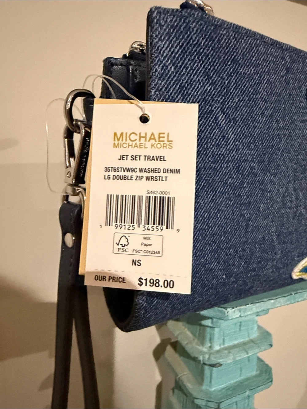 MICHAEL KORS JET SET TRAVEL WASHED DENIM TECH WALLET WRISTLET W PATCHES TAGS